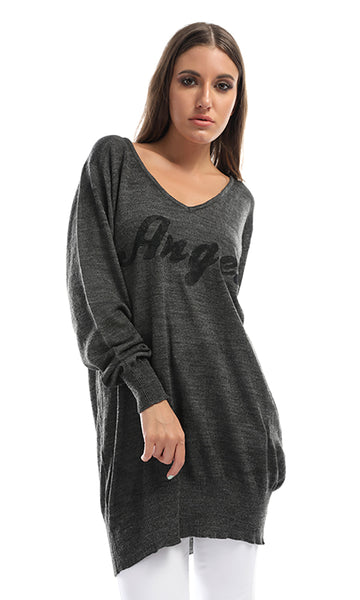 46771 Angle-Print Scrip Crew Neck Dark Grey Top