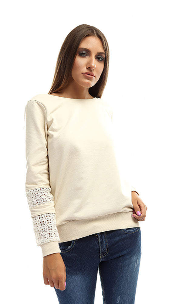 47044 Crochet Sleeves Casual Sweatshirt - Beige