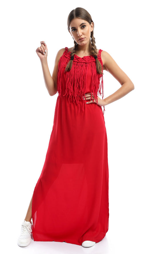 47047 Knitted Neck With Fringed Red Maxi Dress