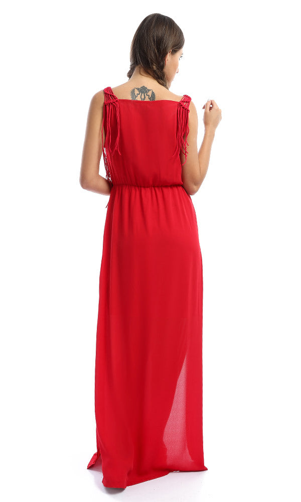 47047 Knitted Neck With Fringed Red Maxi Dress