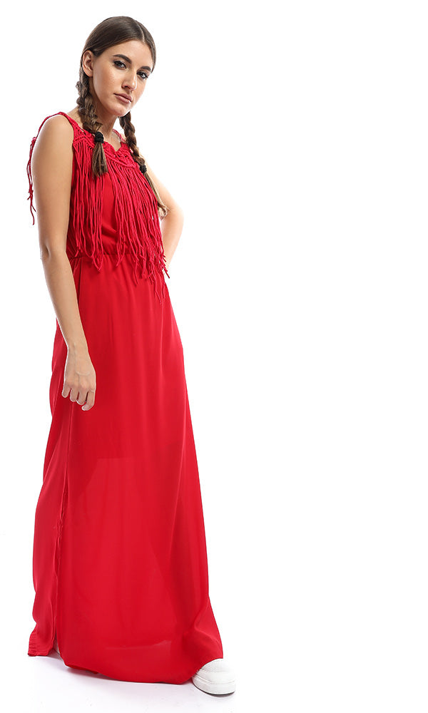 47047 Knitted Neck With Fringed Red Maxi Dress