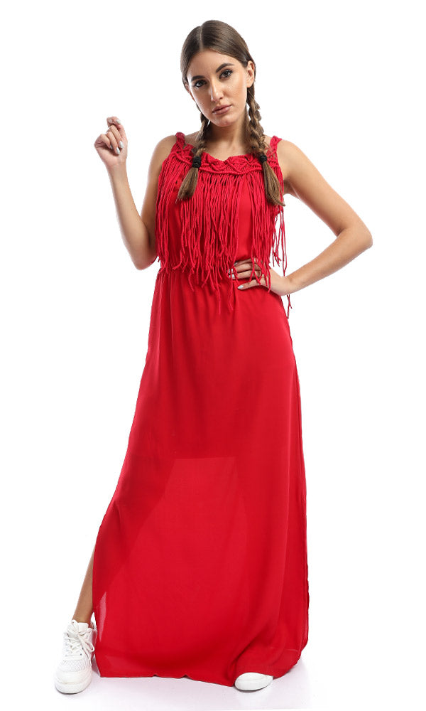 47047 Knitted Neck With Fringed Red Maxi Dress