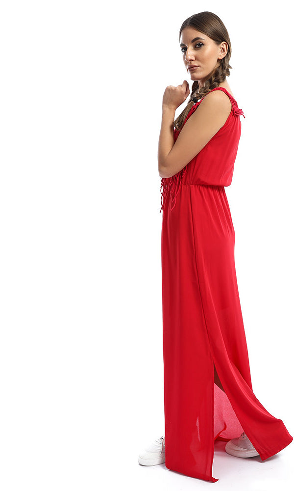 47047 Knitted Neck With Fringed Red Maxi Dress