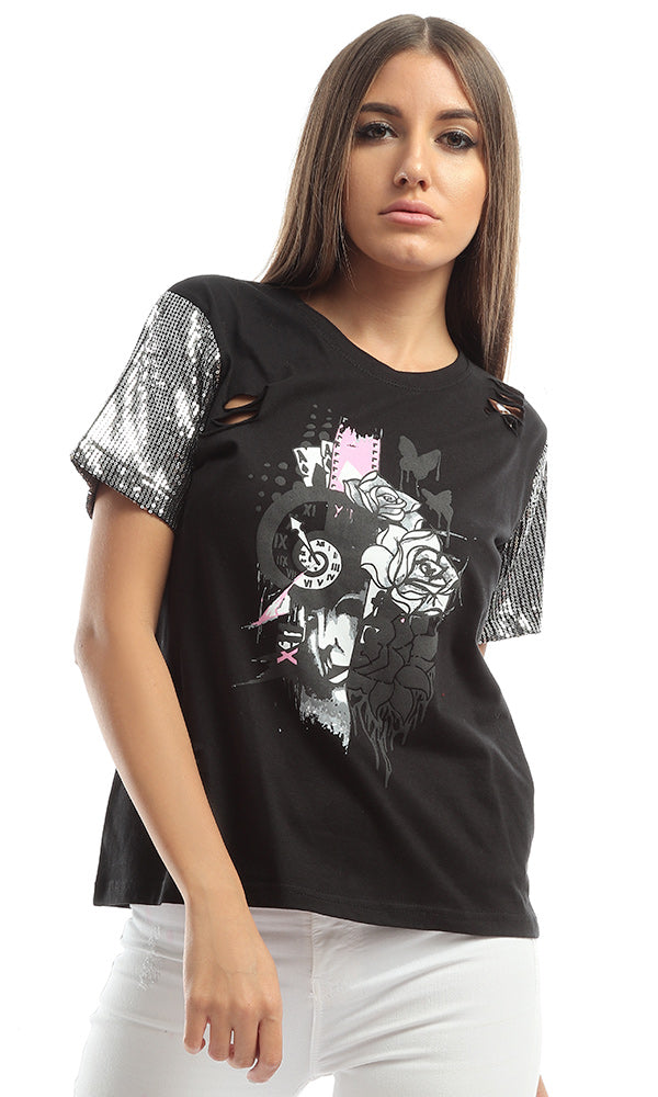 47104 Strassed Sleeves Printed Women Black Tee