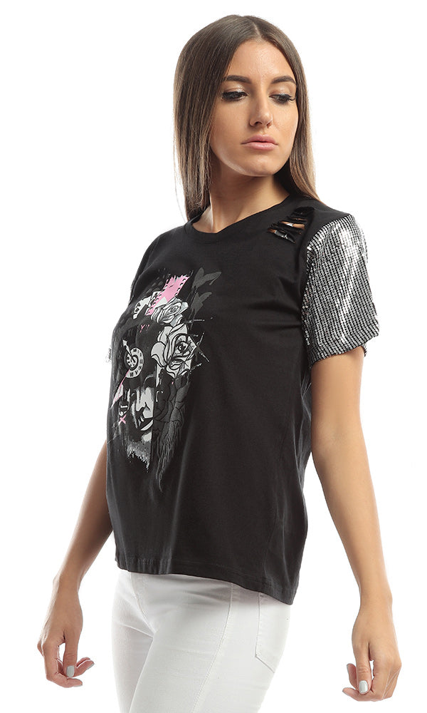 47104 Strassed Sleeves Printed Women Black Tee