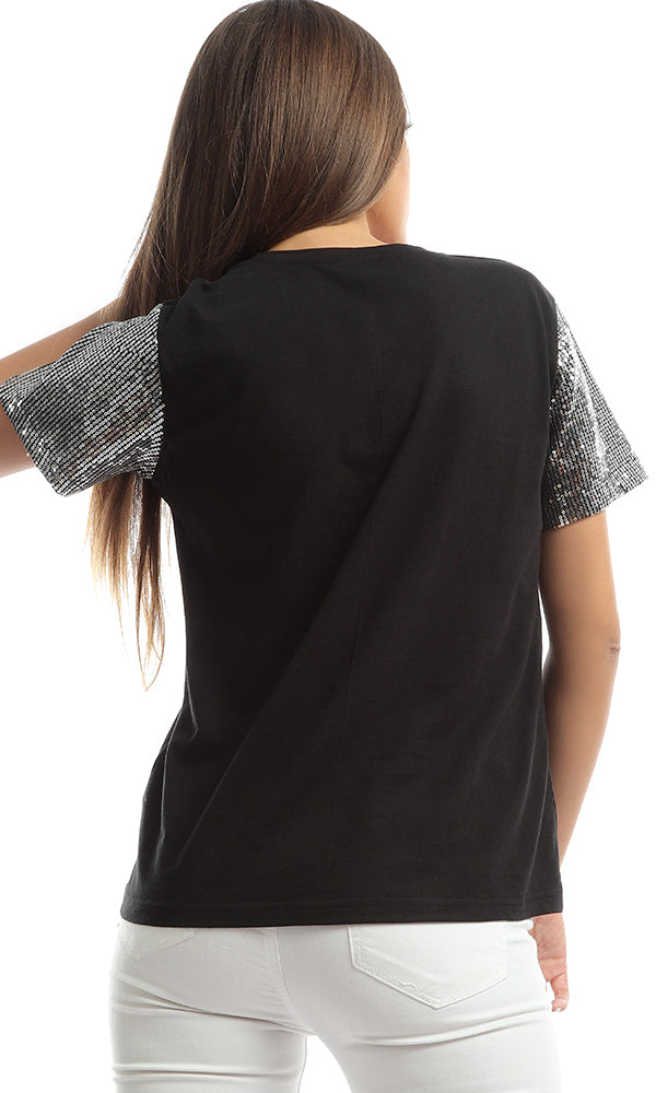 47104 Strassed Sleeves Printed Women Black Tee