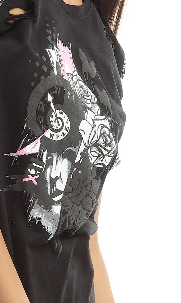 47104 Strassed Sleeves Printed Women Black Tee