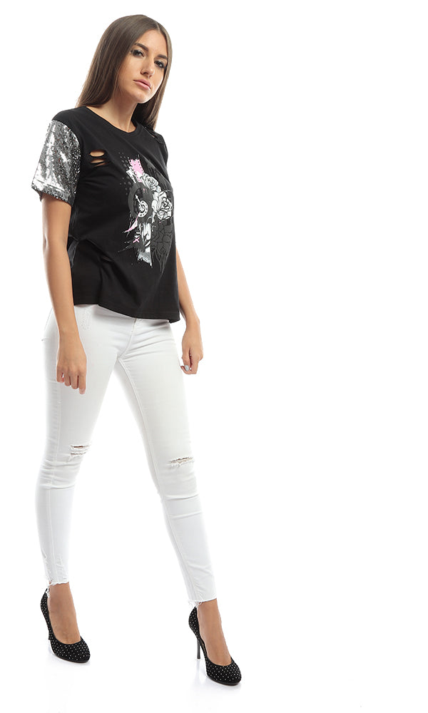 47104 Strassed Sleeves Printed Women Black Tee