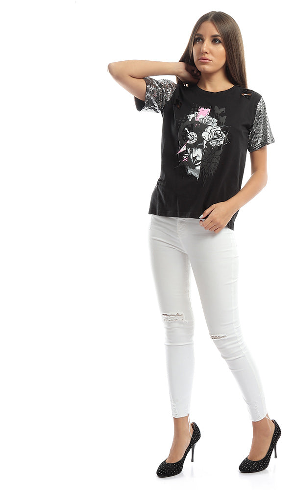 47104 Strassed Sleeves Printed Women Black Tee