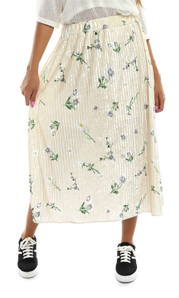 47151 Floral Midi Slip On Skirt - Off White