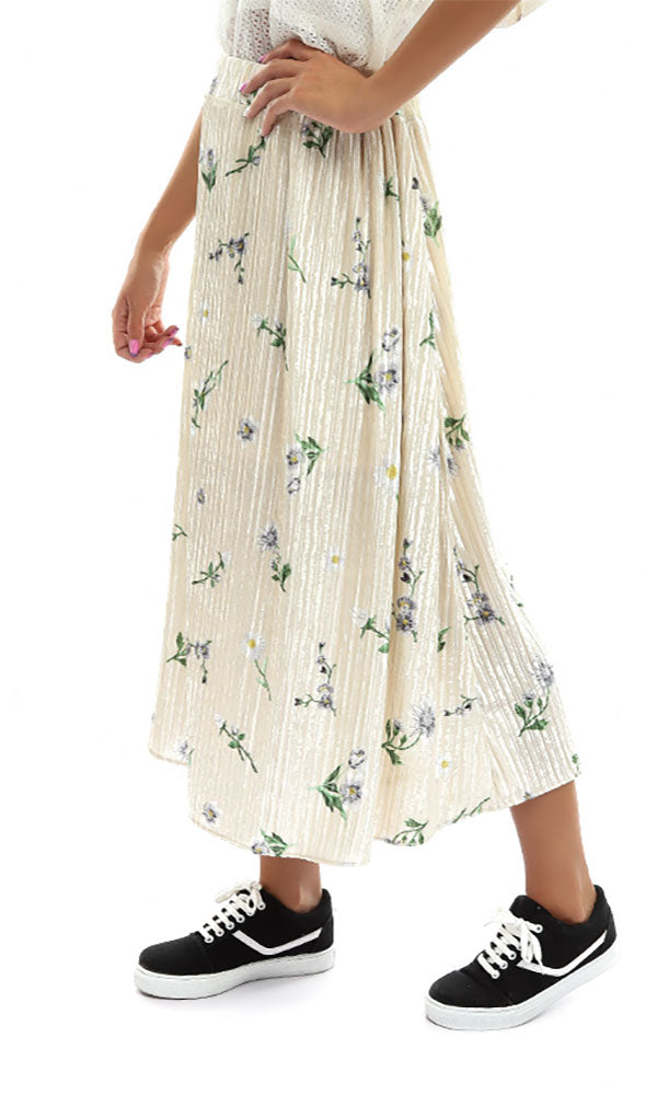 47151 Floral Midi Slip On Skirt - Off White