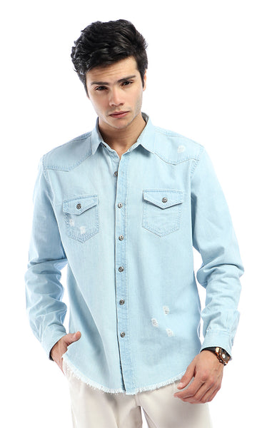 47230 Light Ripped Long Sleeves Light Blue Jeans Shirt