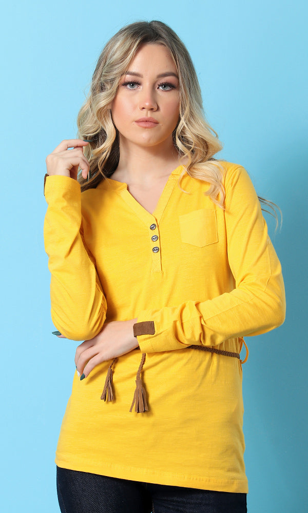 47447 Solid Basic Buttoned Women Top - Mustard