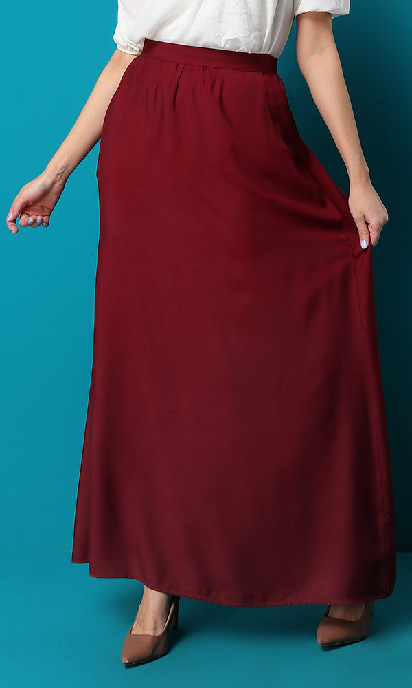 47455 Maroon Red Maxi Solid Basic Skirt