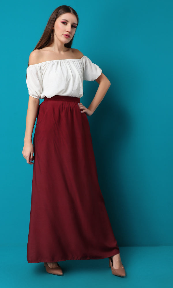 47455 Maroon Red Maxi Solid Basic Skirt