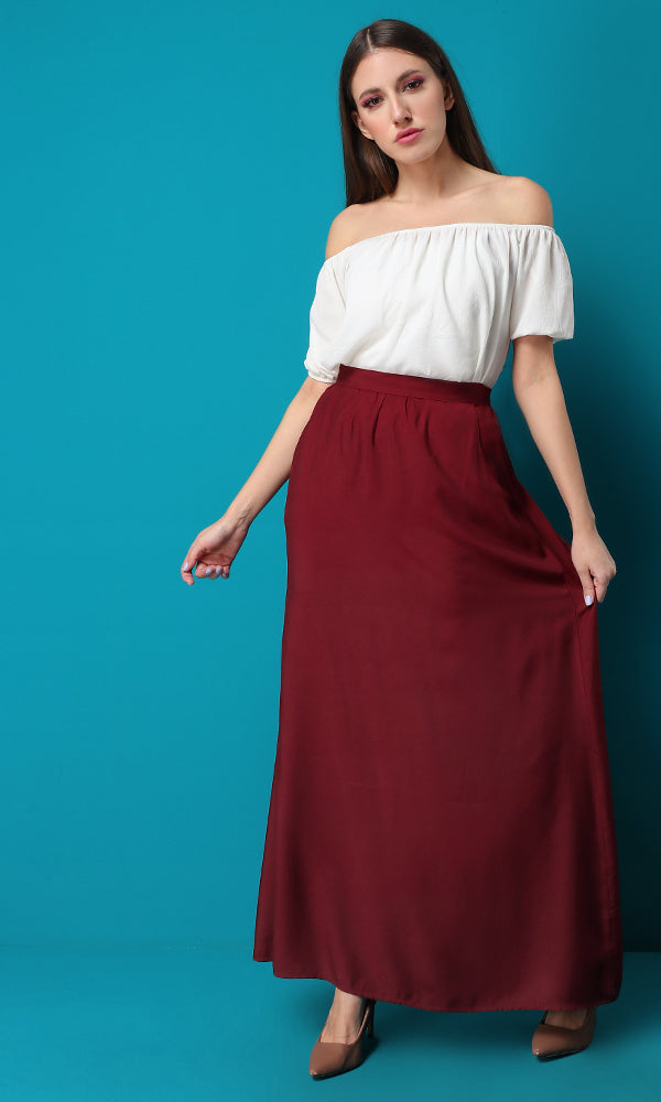 47455 Maroon Red Maxi Solid Basic Skirt