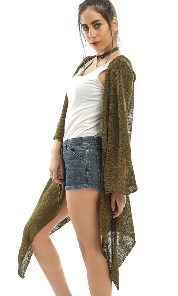 47466 Knitted Long Sleeved Cardigan - Olive