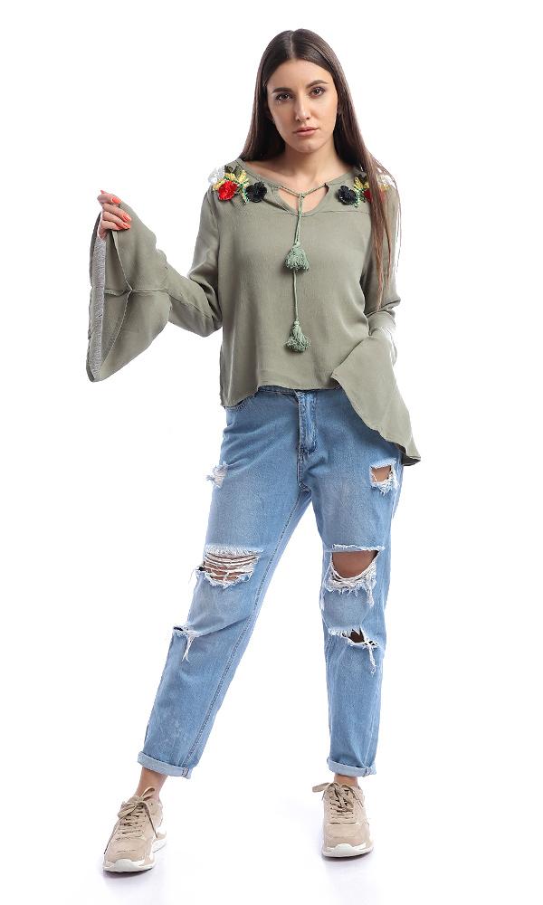 47525 Loose Floral Olive Blouse - Ravin 