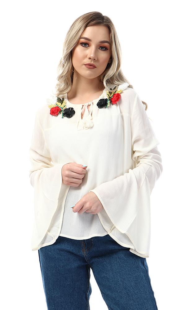 47526 Stitched Flowers Bell Sleeves Off White Blouse - Ravin 