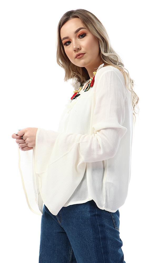 47526 Stitched Flowers Bell Sleeves Off White Blouse - Ravin 