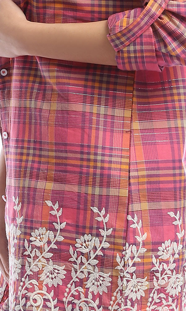 47679 Trim Stitched With Floral Pattern Shirt - Orange & Pink