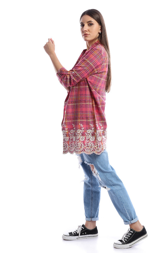 47679 Trim Stitched With Floral Pattern Shirt - Orange & Pink