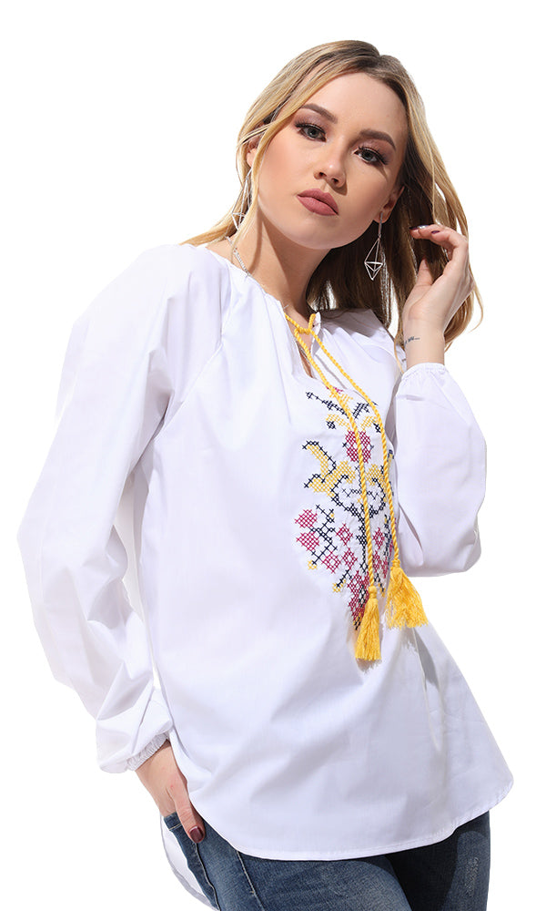 47750 Stitched Lace Up Neck White Blouse