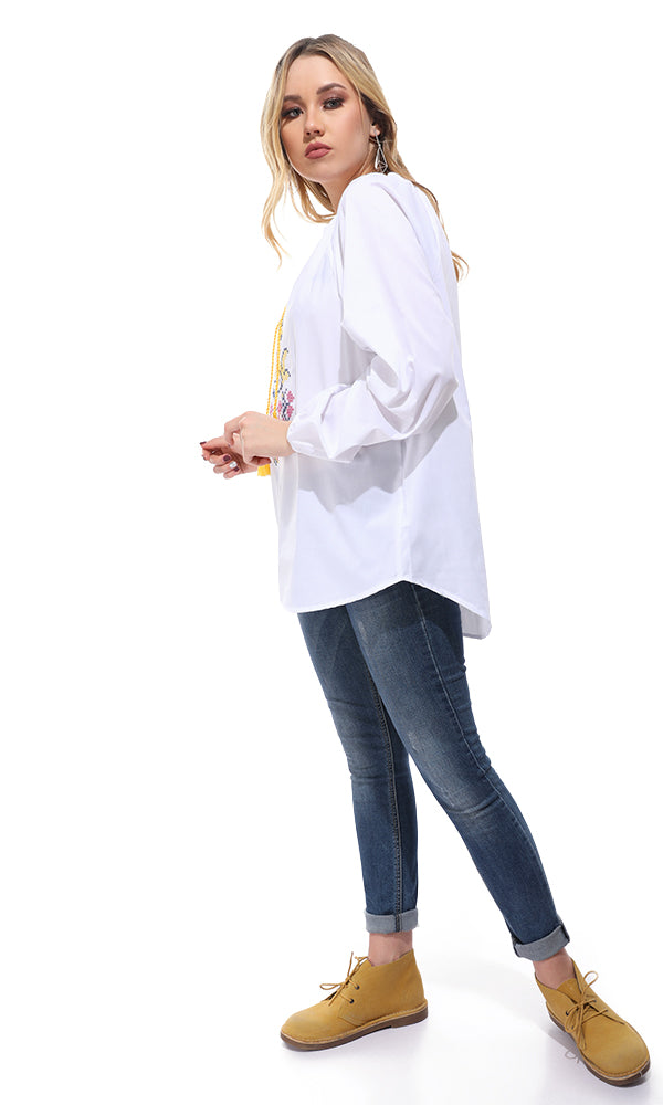 47750 Stitched Lace Up Neck White Blouse