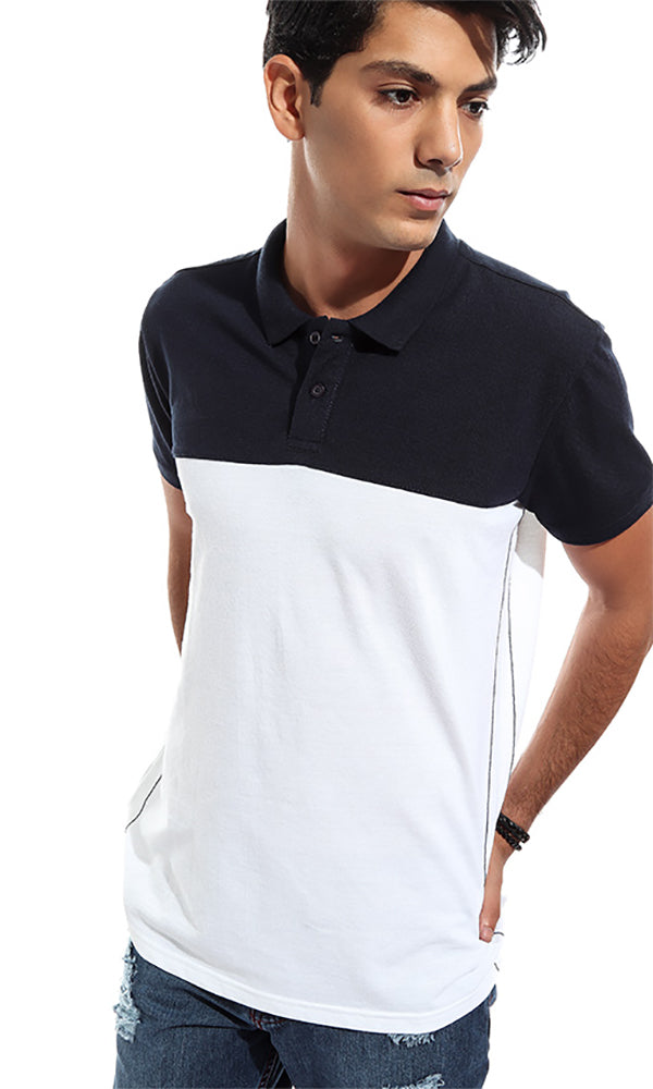 47896 Bi-Tone Turn Down Collar Men Polo Shirt - White & Navy Blue