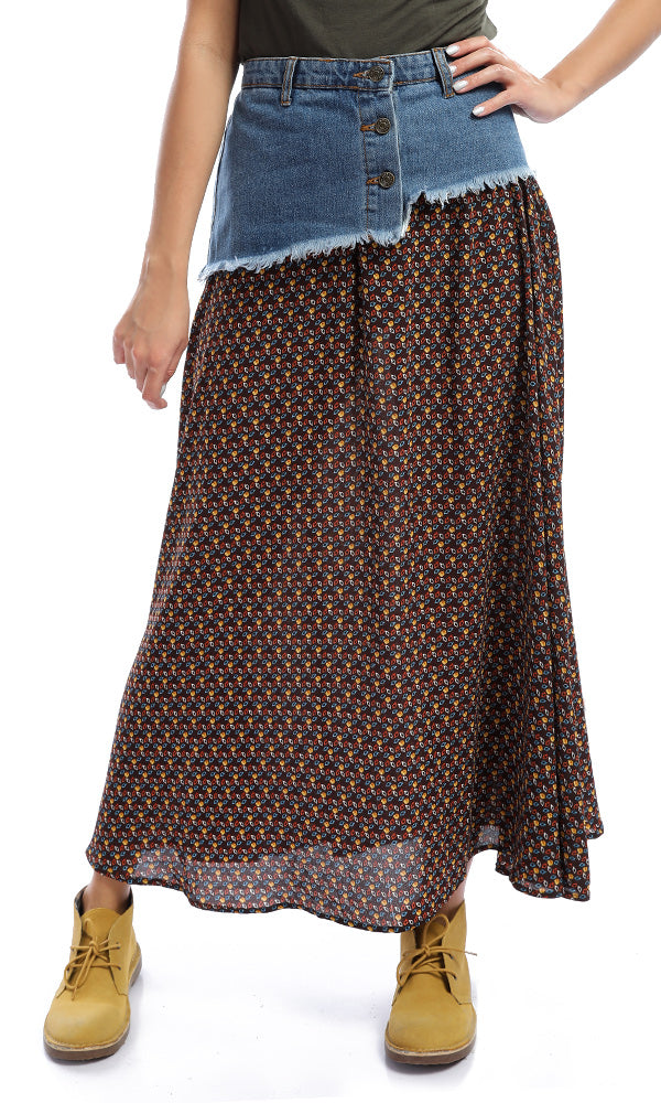 48081 Dark Brown Bi-Tone Patterned Maxi Skirt