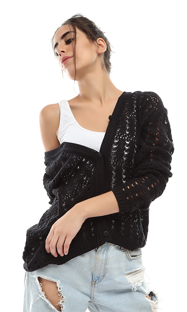 48085 Perforated Long Sleeved Cardigan - Black