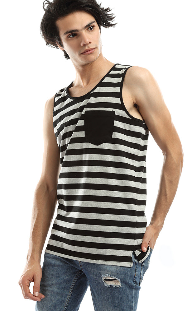 48234 Striped Sleeveless Comfortable Tee - Grey & Black