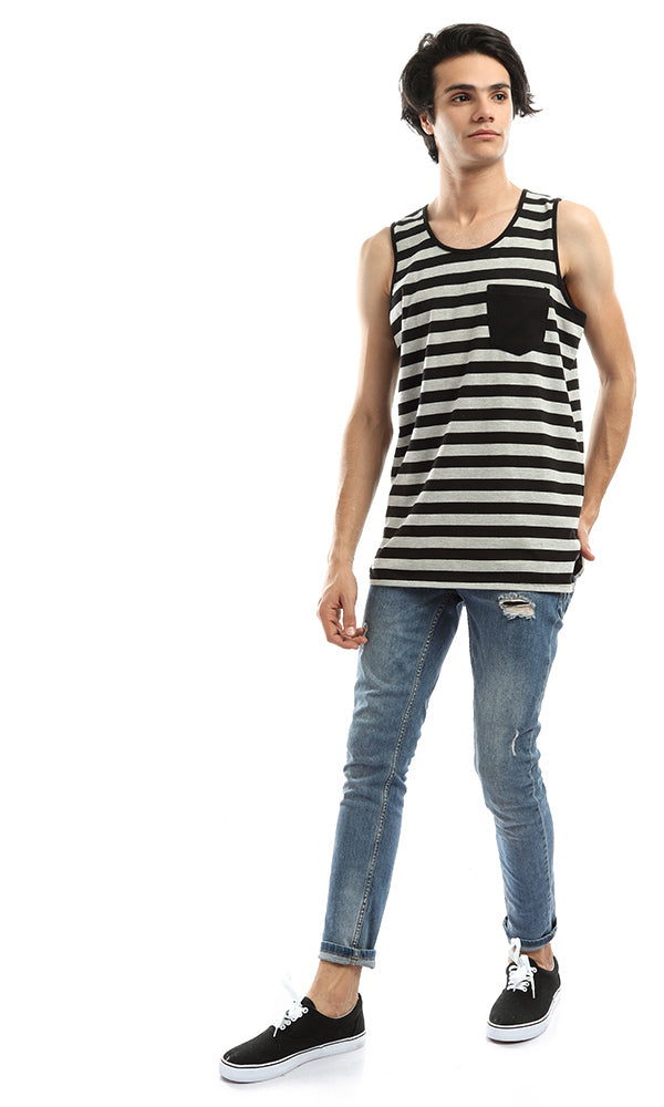 48234 Striped Sleeveless Comfortable Tee - Grey & Black