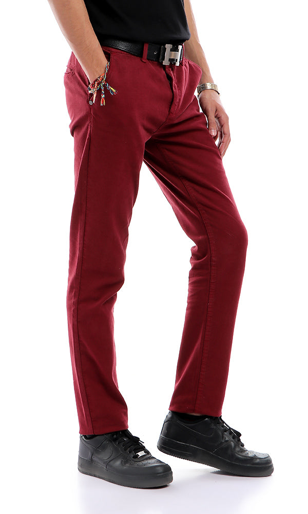 48371 Soft Solid Casual Front Pockets Wine Red Pants