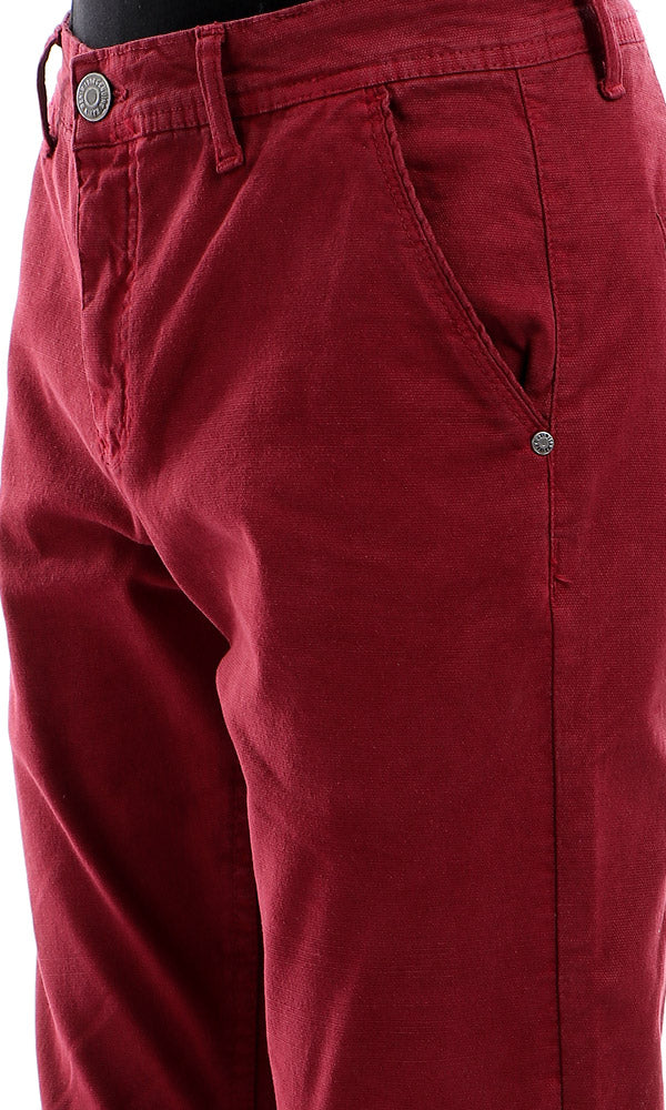 48371 Soft Solid Casual Front Pockets Wine Red Pants