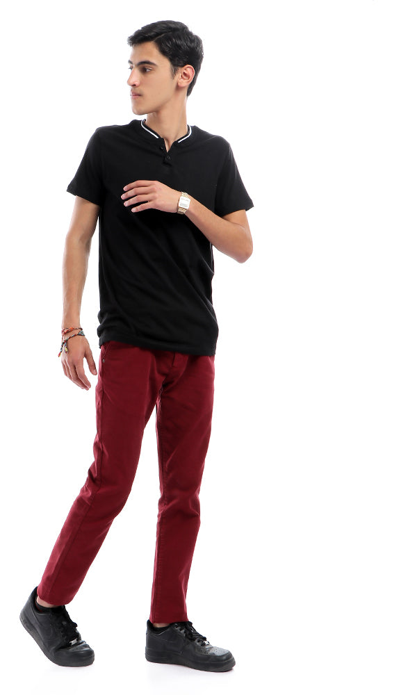 48371 Soft Solid Casual Front Pockets Wine Red Pants