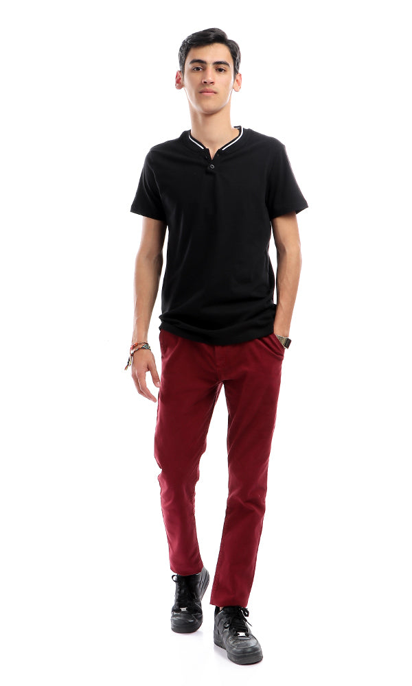 48371 Soft Solid Casual Front Pockets Wine Red Pants