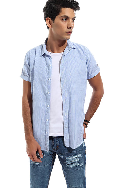 48397 Striped Casual Short Sleeves Buttoned Shirt - Light Blue