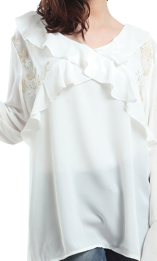 48467 Ruffles Gold Floral Elegant Blouse - White