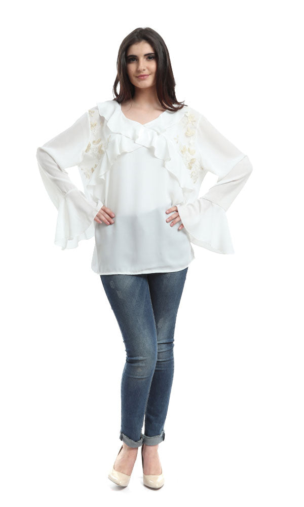 48467 Ruffles Gold Floral Elegant Blouse - White