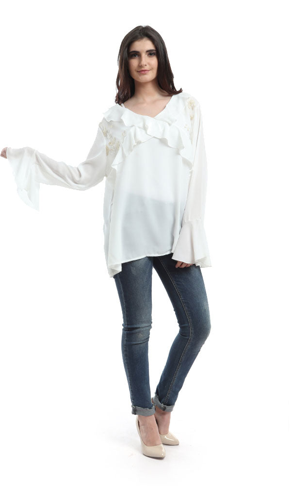 48467 Ruffles Gold Floral Elegant Blouse - White