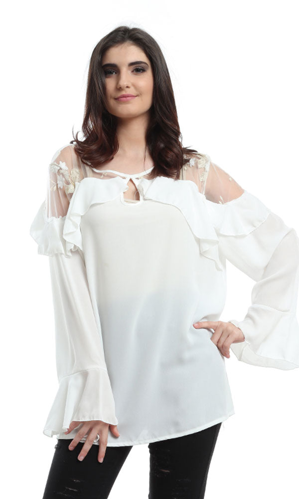 48470 Circular Lace Sleeves Plain Blouse - White