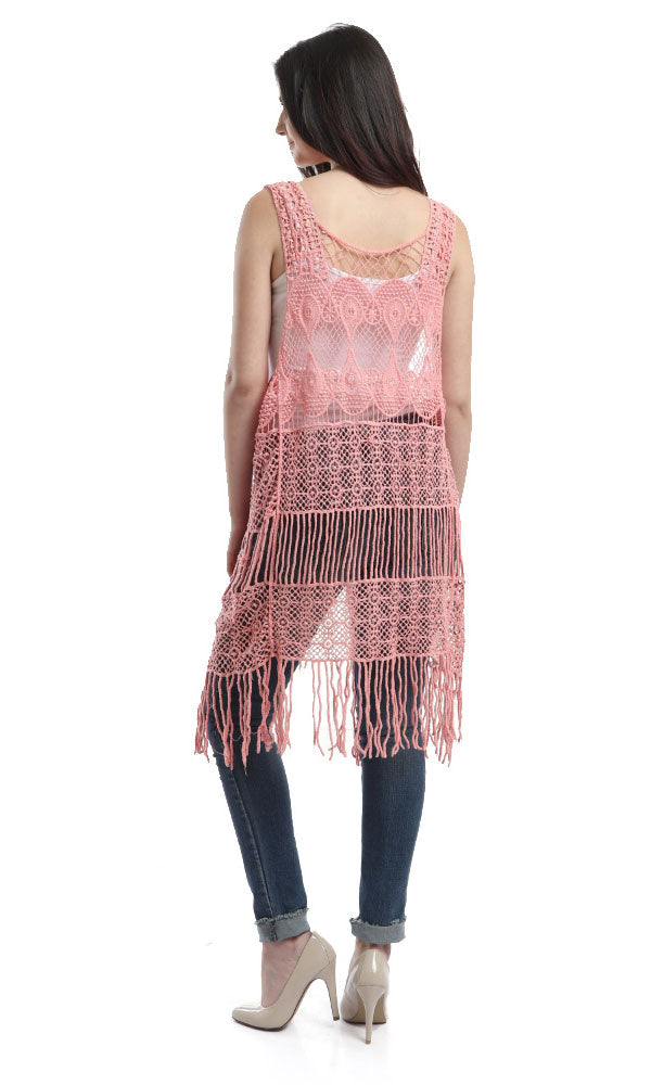 48476 Fringes Crochet Solid Vest - Pink