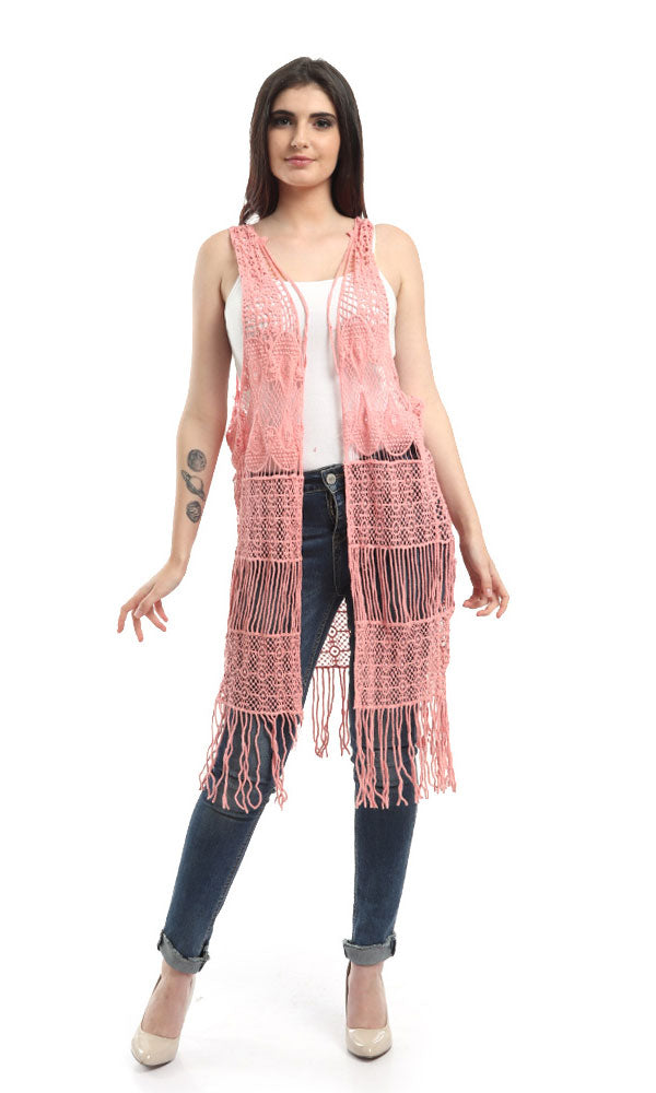 48476 Fringes Crochet Solid Vest - Pink