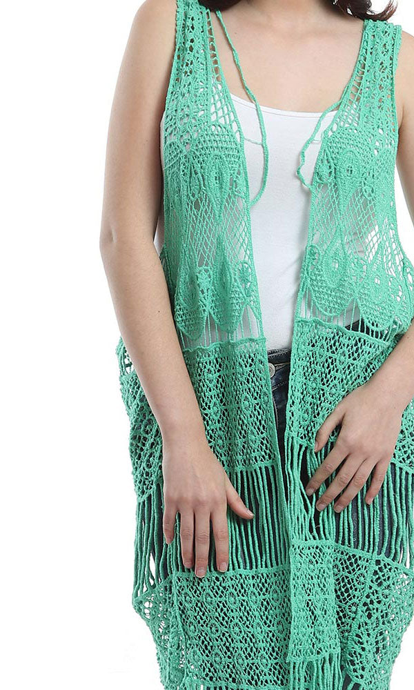 48478 Fringes Crochet Solid Vest - Light Green