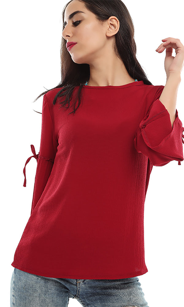 48666 Plain Wide Sleeves Blouse - Wine Red