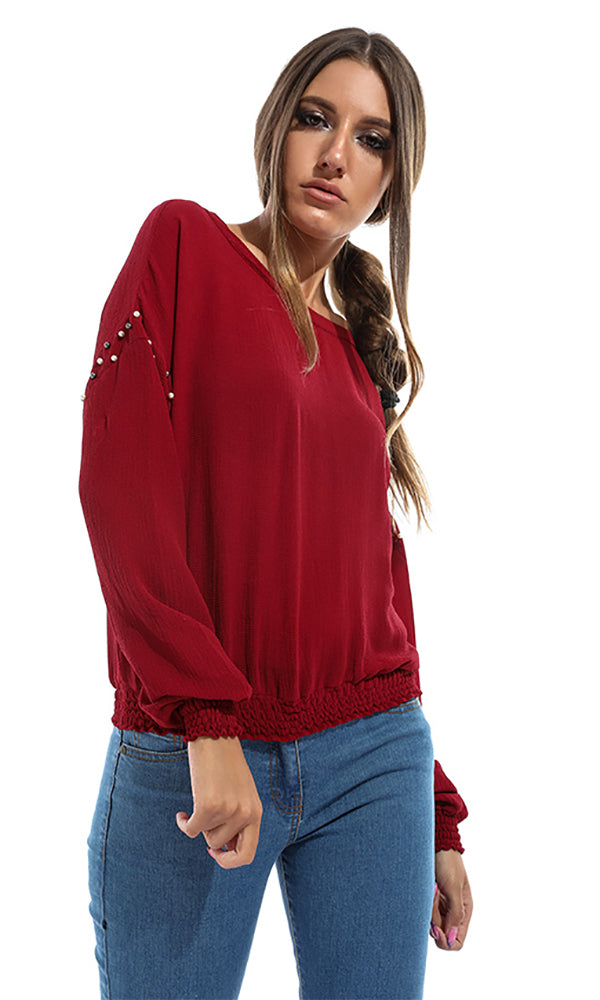 48715 Pearls Long Sleeves Blouse - Maroon