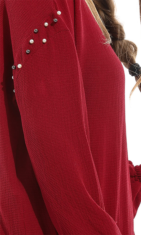 48715 Pearls Long Sleeves Blouse - Maroon