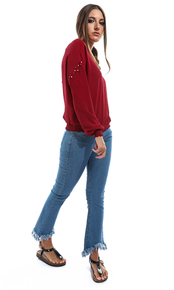 48715 Pearls Long Sleeves Blouse - Maroon