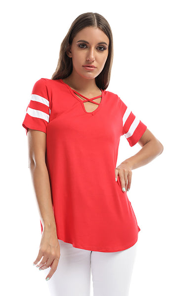 48872 Plain Tee With Two Lins On Sleeves - Hot Red